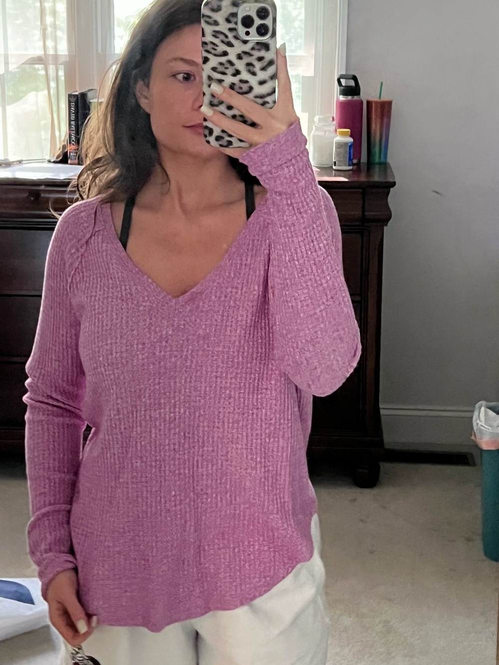American Eagle Outfitters Lavender-Pink V-Neck Knit Sweater